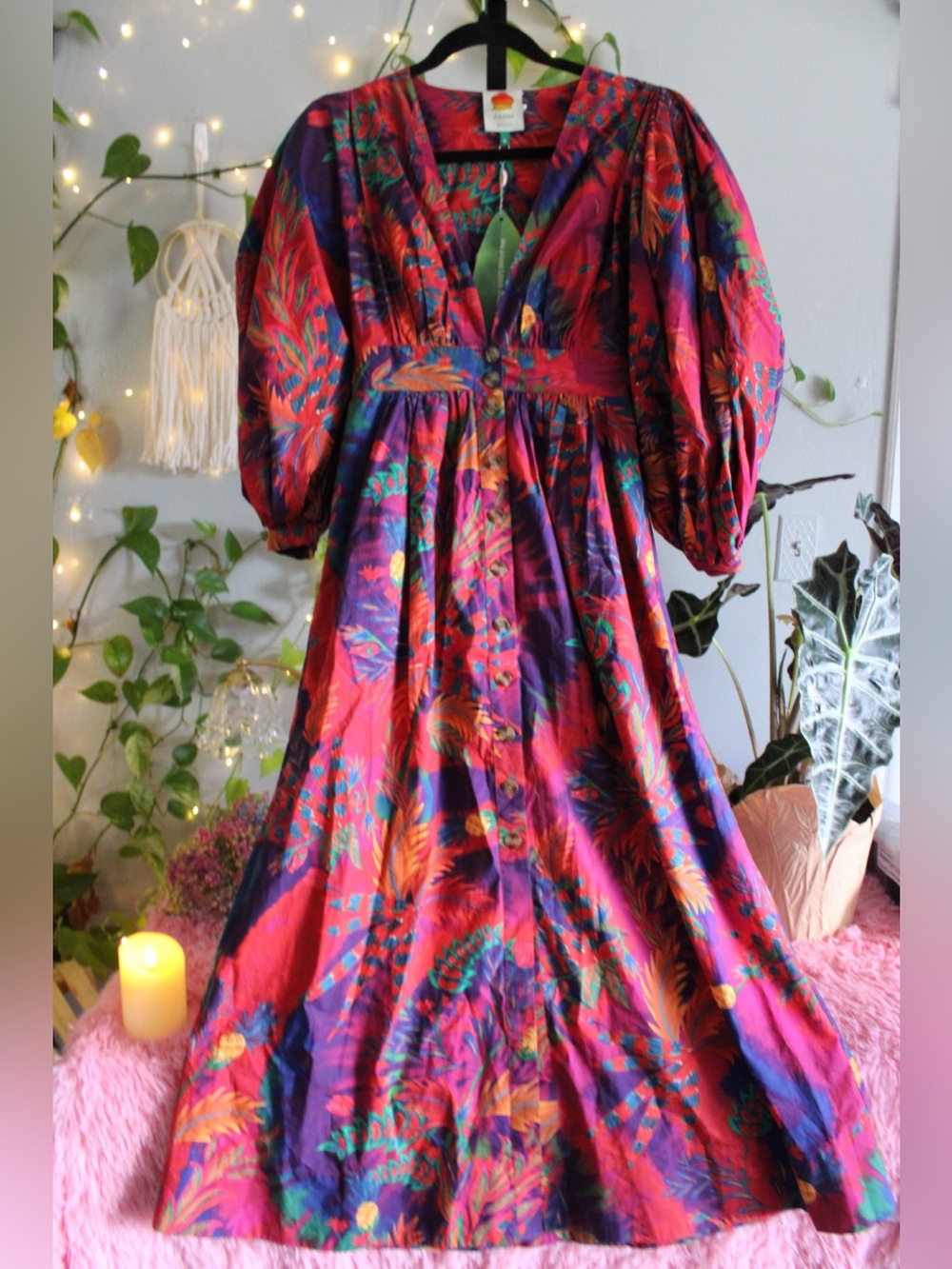 FARM Rio Tropical Bird Print Button Front Midi Dress XS Puff Sleeve